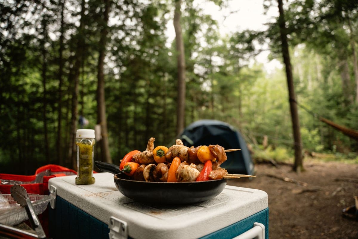 Grilled skewers resting on a cooler lid beside a tent in the forest